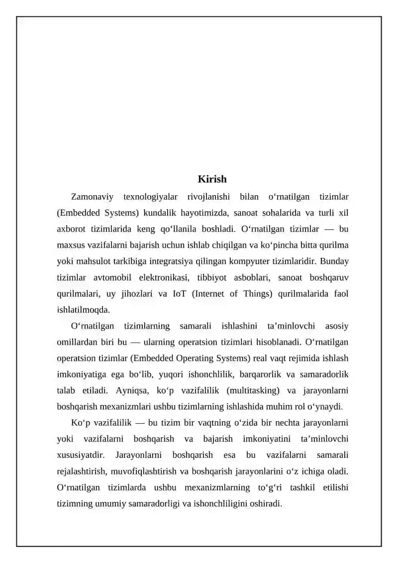 O’rnatilgan operatsiyon tizimlarda ko’p vazifalilik va jarayonlarni boshqarish 2