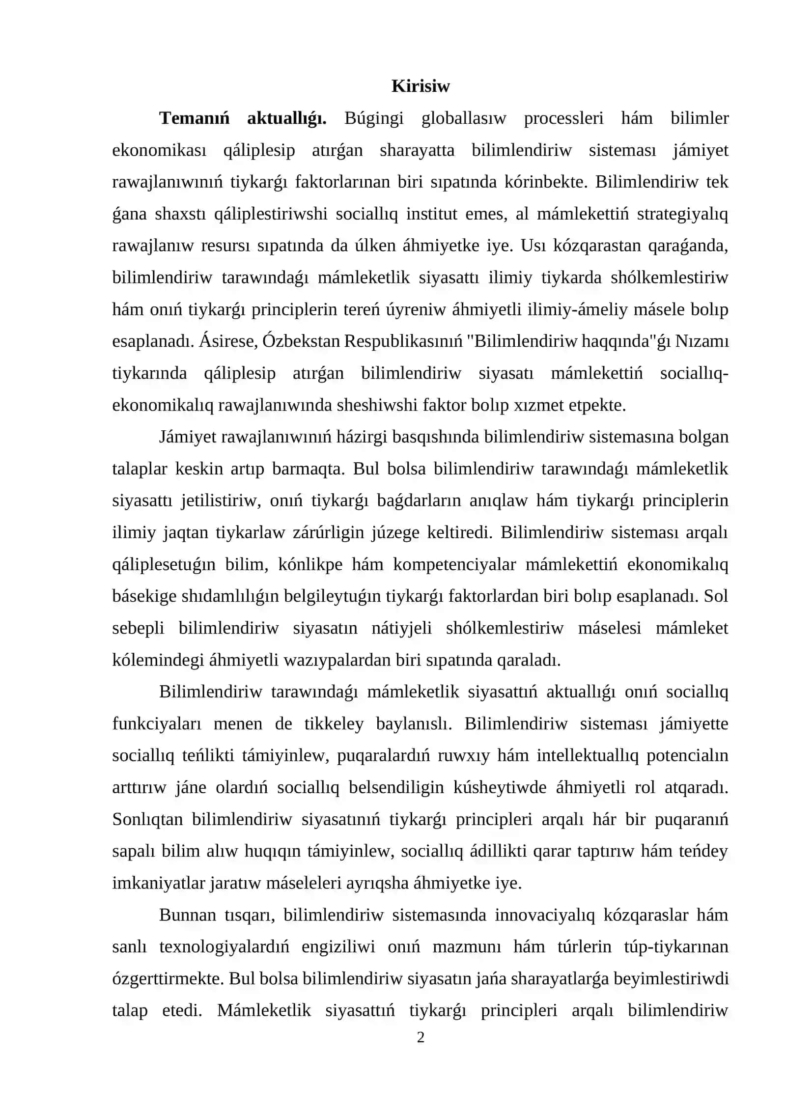 BILIMLENDIRIW TARAWÍNDAǴÍ MÁMLEKETLIK SIYASATTÍŃ TEORIYALÍQ-HUQÍQÍY TIYKARLARÍ 2