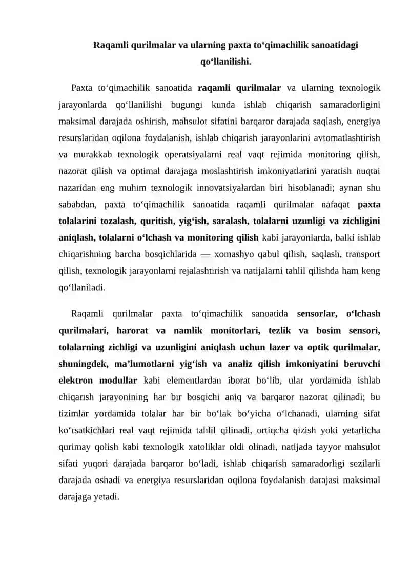 Paxta to’qimachilik sanotida raqamli va mikroprotsessorli qurilmalari 2