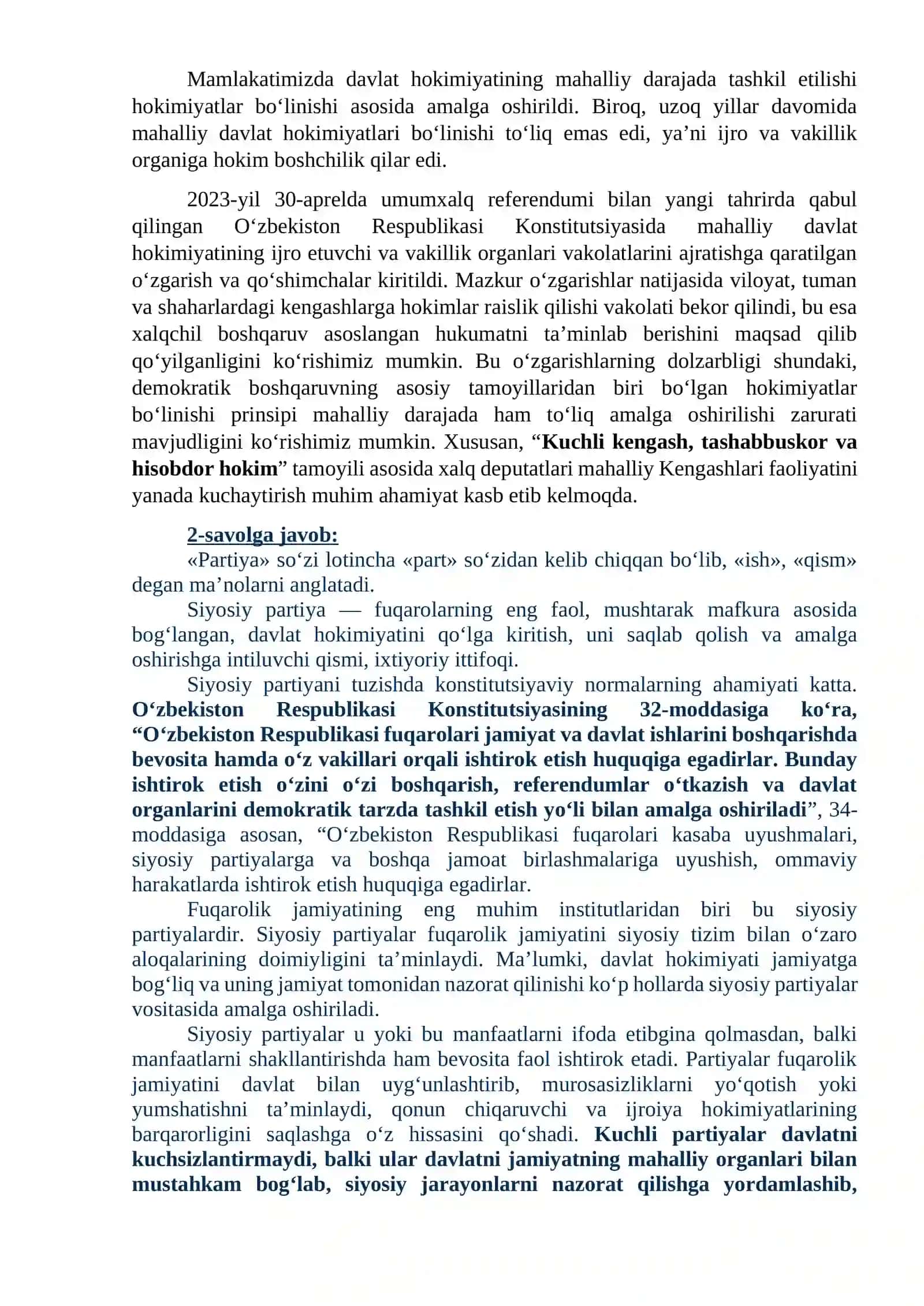 O‘zbekistonda demokratik,fuqarolik jamiyati asoslarining shakllanishi, amalga oshirilgan siyosiy islohotlar 2