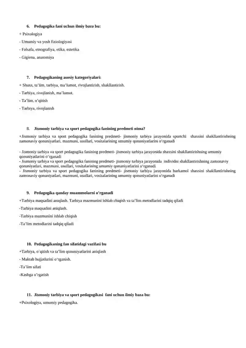 Jismoniy tarbiya va sport pedagogikasi fani 200 ta test savollari 2