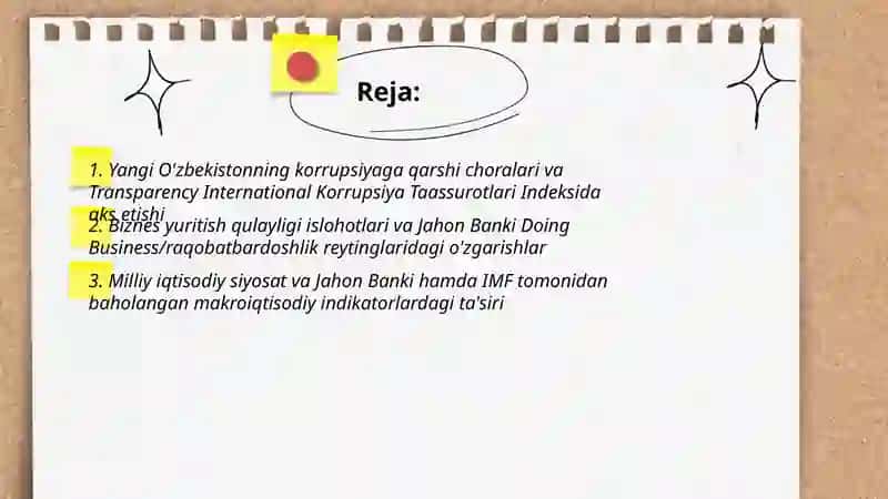 Yangi O'zbekiston ijtimoiy-siyosiy, iqtisodiy va madaniy hayotida ro'y berayotgan o'zgarishlarning xalqaro reyting va indekslarda aks etishi 2