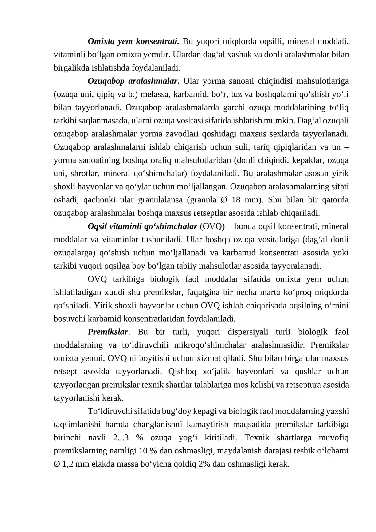 Omixta Yem Assortimenti va Uni Ishlab Chiqarishda Qo‘llaniladigan Xom Ashyo Tavsifi 2