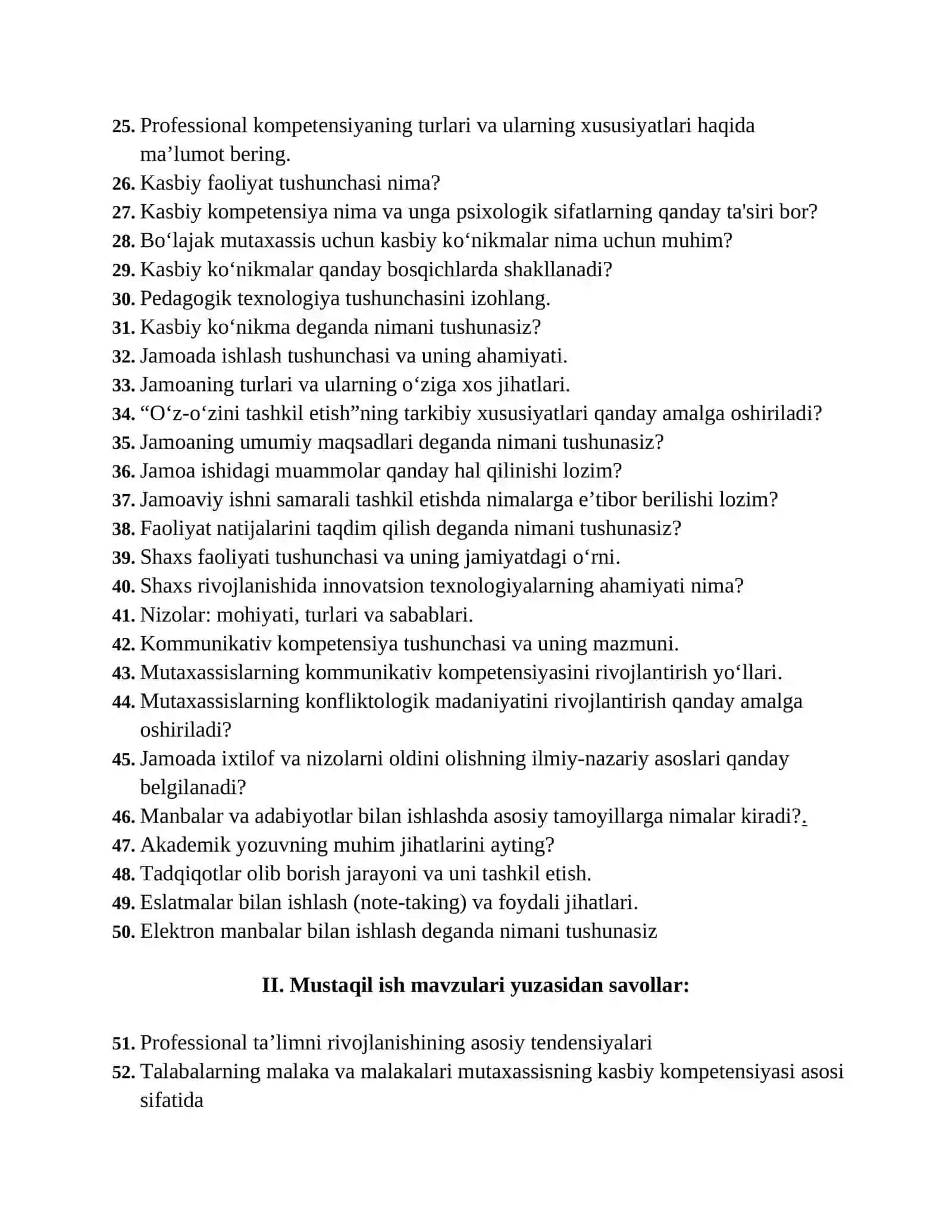 Akademik Ko‘nikmalar va Kasbiy Kompetentlik Fanidan Yakuniy Savollar 2