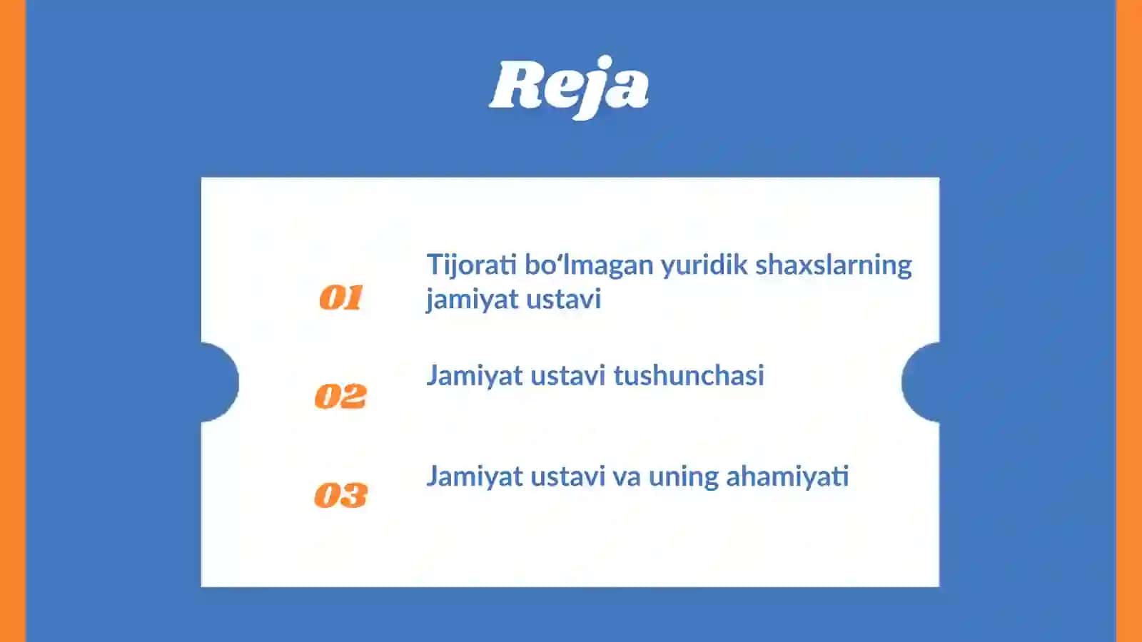 Jamiyat ustavi tushunchasi. Tijorati bo'lmagan yuridik shaxslarning jamiyat ustavi. 2