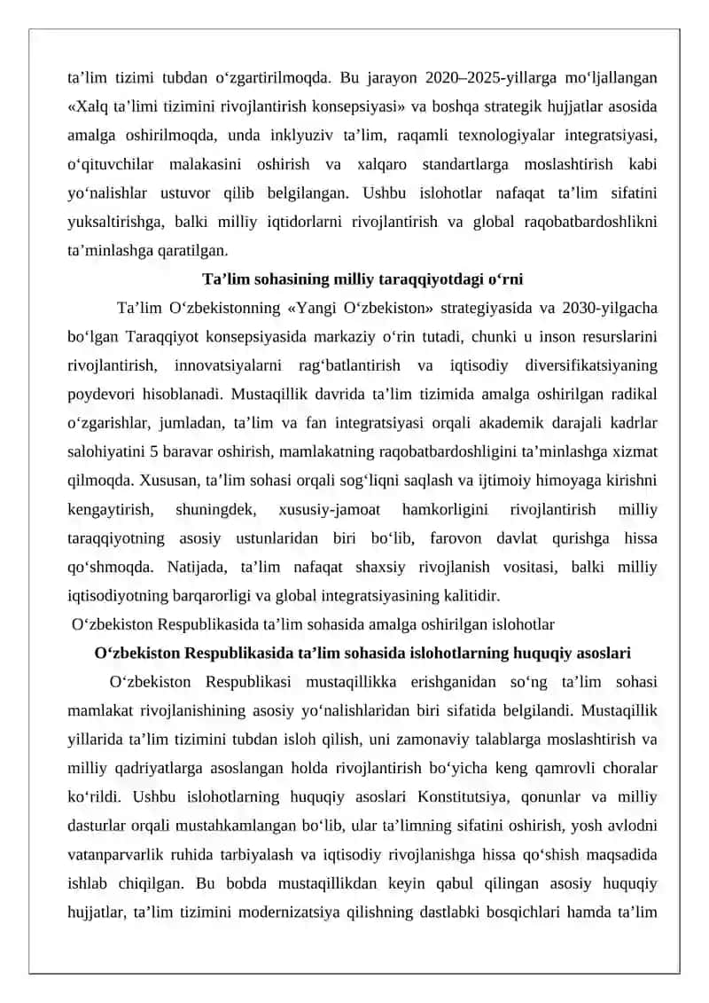 O‘zbekiston Respublikasida ta’lim sohasida amalga oshirilgan islohotlar 2