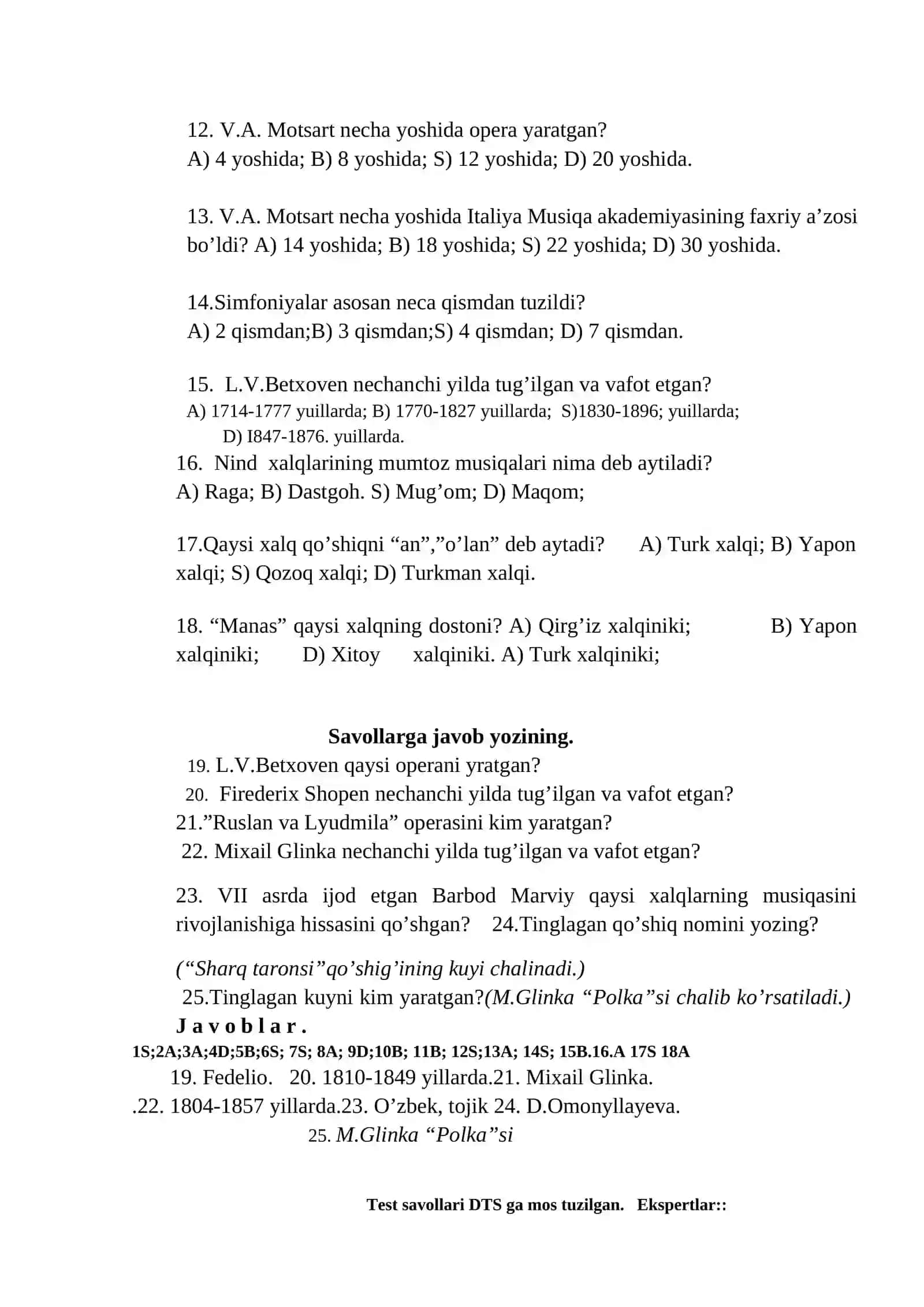 6-sinf uchun musiqa fanidan test savollari 2