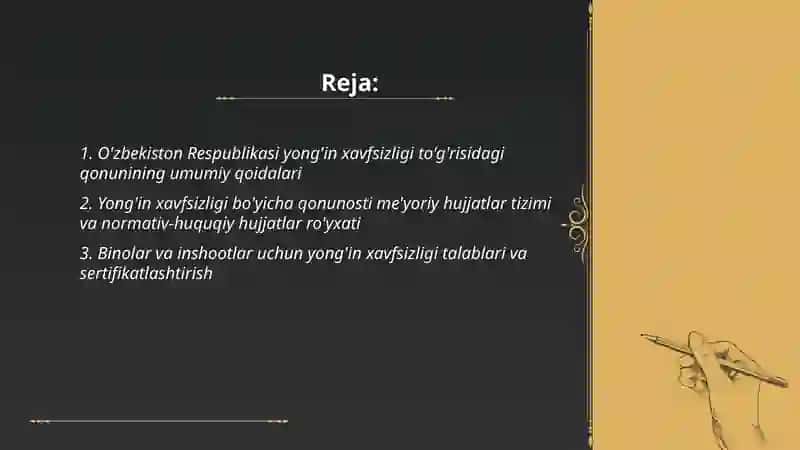 O'zbekiston Respublikasining yong'in xavfsizligi boʻyicha qonun va qonunosti me'yoriy hujjatlari talablarini o'rganish 2
