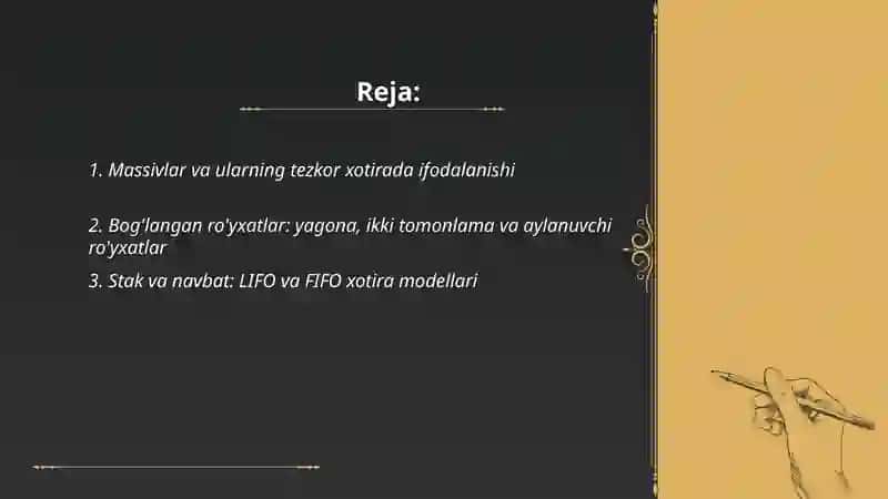 Maʼlumotlarni tuzilmalari va ularni tezkor xotirada ifodalanishi 2