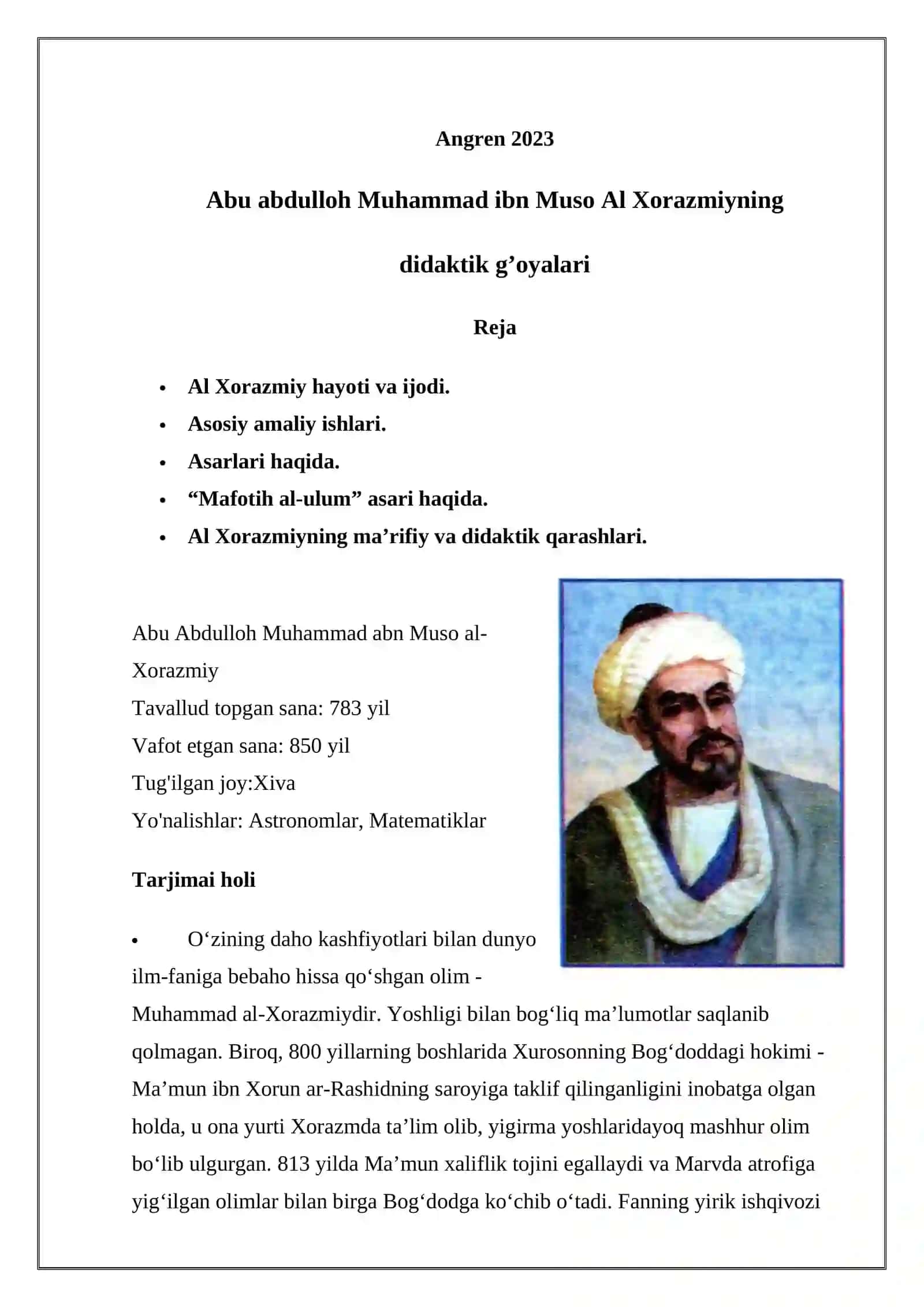 Abu abdulloh Muhammad ibn Muso Al Xorazmiyning didaktik g’oyalari 2