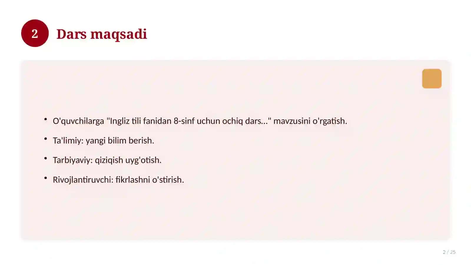 Ingliz tili fanidan 8-sinf uchun ochiq dars ishlanmasi 2
