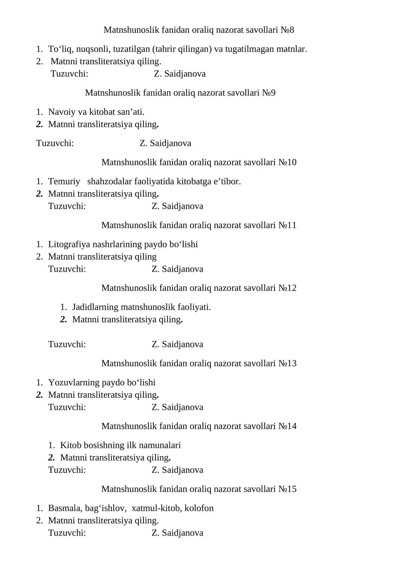 Matnshunoslik fanidan oraliq nazorat savollari №1 2