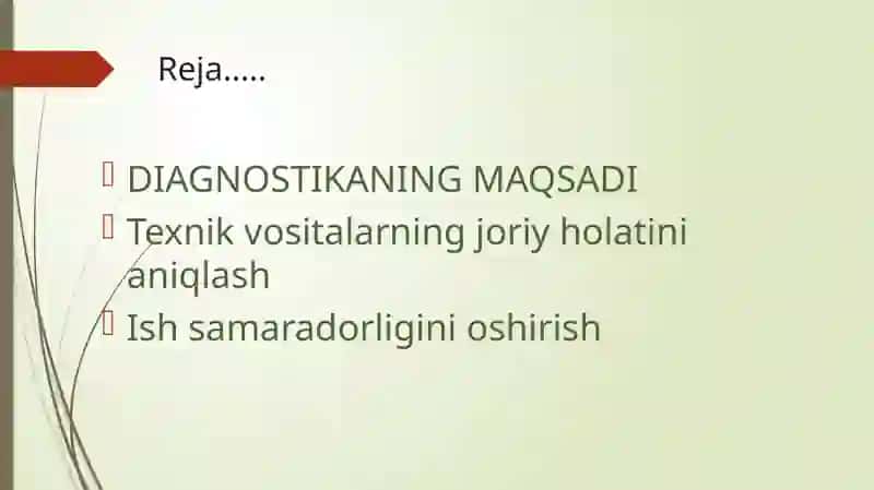 Avtomobil larni diagnostikaning maqsadi va vazifalari haqida yozilgan. 2
