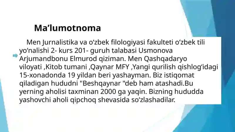 Qashqadaryo viloyati Kitob tumanidagi qipchoq shevalari haqida 2