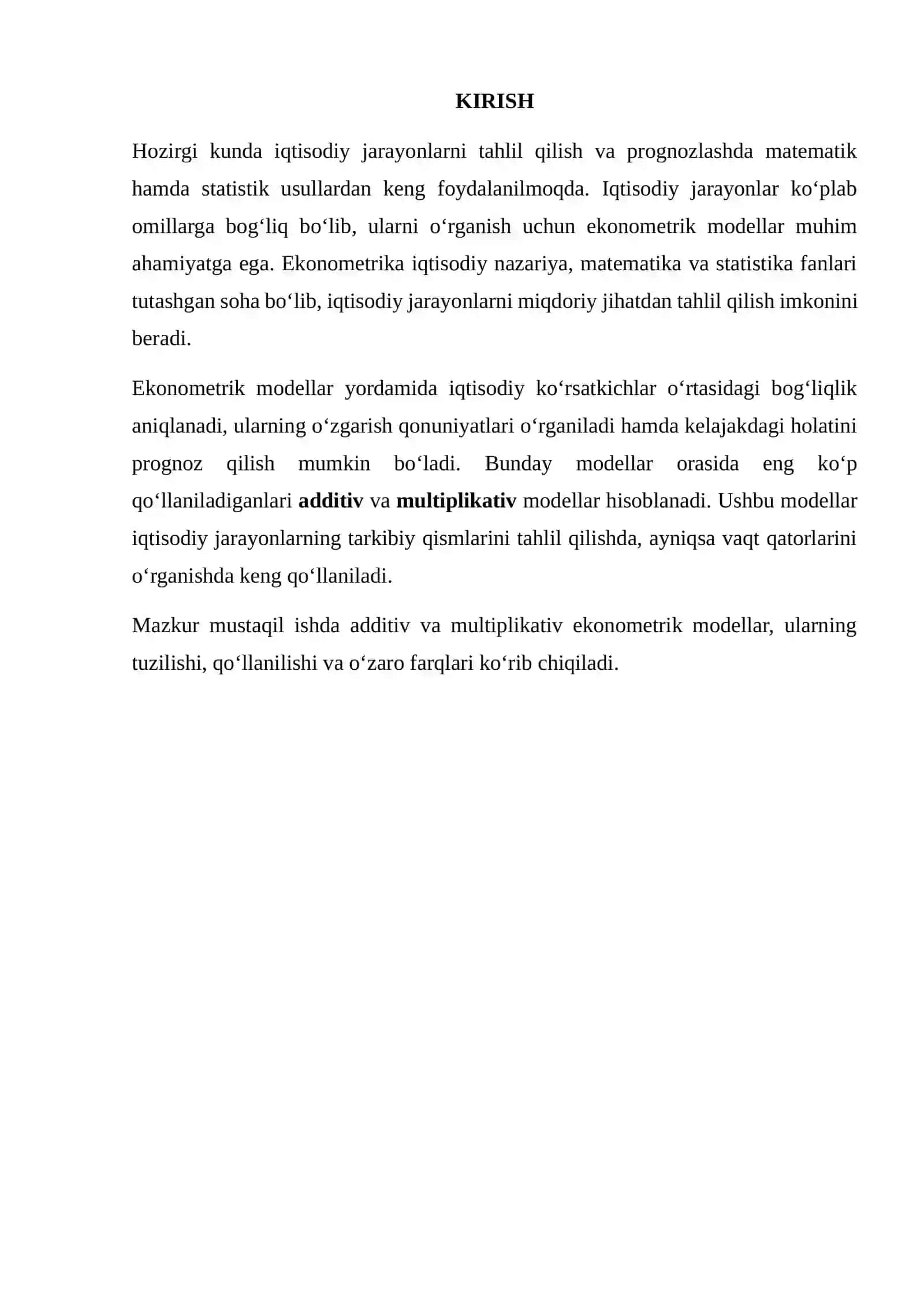 ADDITIV VA MULTIPLIKATIV EKONOMETRIK MODELLARNI TUZISH REJA 2
