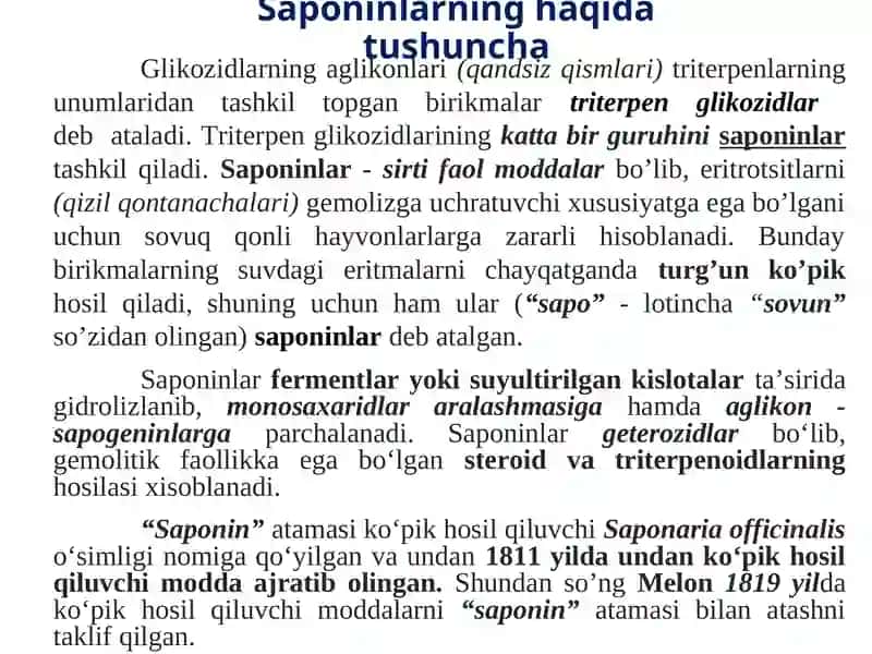 Tarkiboda saponinlar bo’lgandorivor o’simliklar va mahsulotlar 2