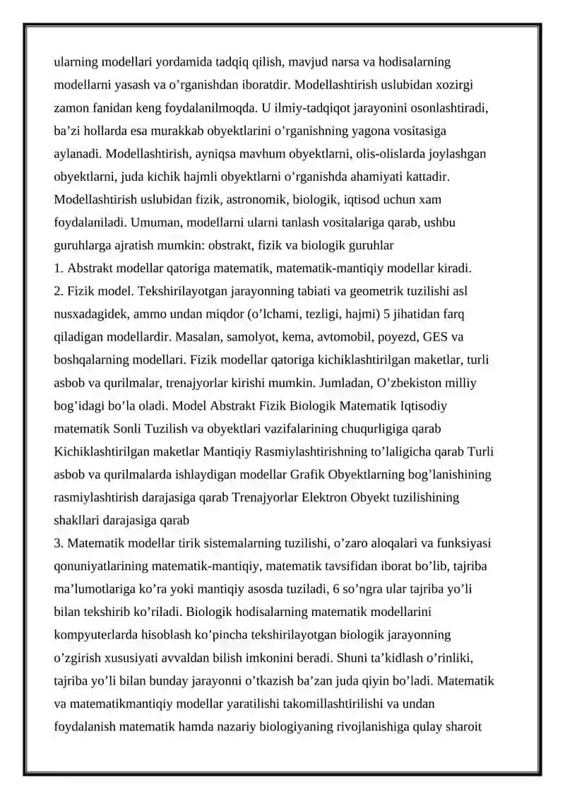 BIOLOGIK TIBBIY JARAYON VA SISTEMALARNI TEKSHIRISH MASALALARIDA MATEMATIK MODELLASHTIRISH VOSITALARI VA METODLARINI QO’LLASH 2