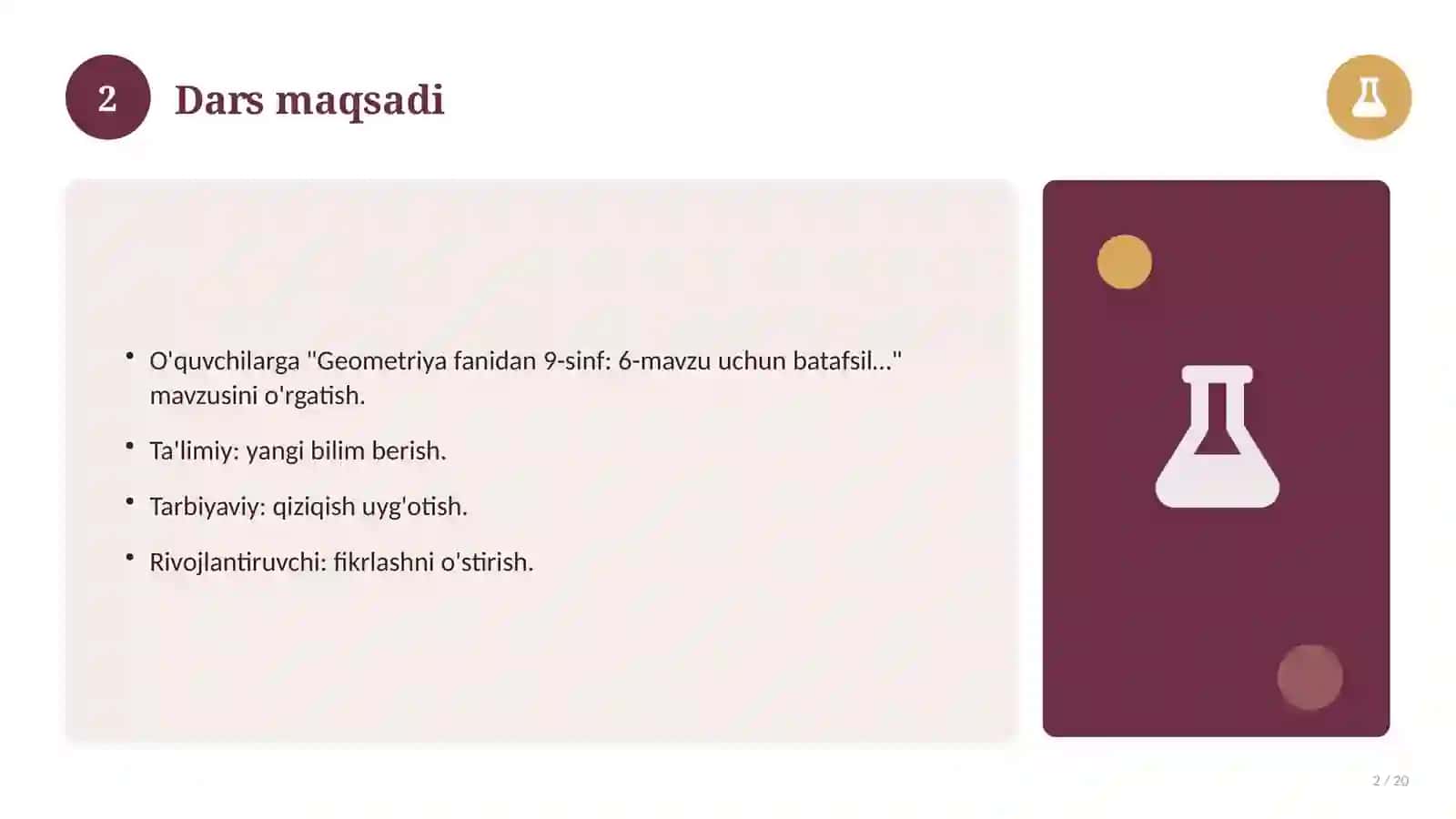 Geometriya fanidan 9-sinf: 6-mavzu uchun batafsil dars ishlanmasi 2