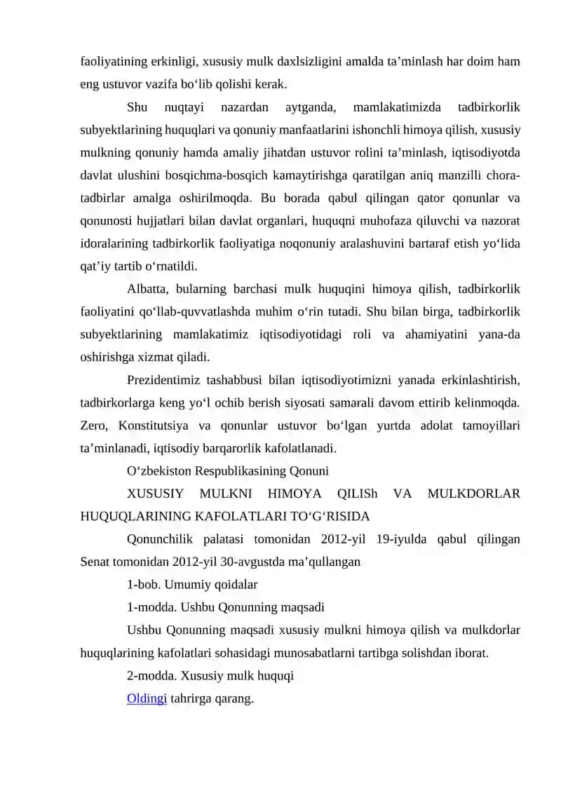 O'ZBEKISTON RESPUBLIKASINING IQTISODIY TIZIMI. XUSUSIY MULKNING DAXLSIZLIGI VA DAVLAT TOMONIDAN MUXOFAZA QILINISHI. 2