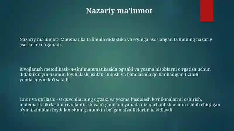 4-Sinfda Matematikadan Oģzaki Va Yozma Hisoblashga Doir Didaktik Òyinlar Tizimini Ishlab Chiqish Metodikasi 2