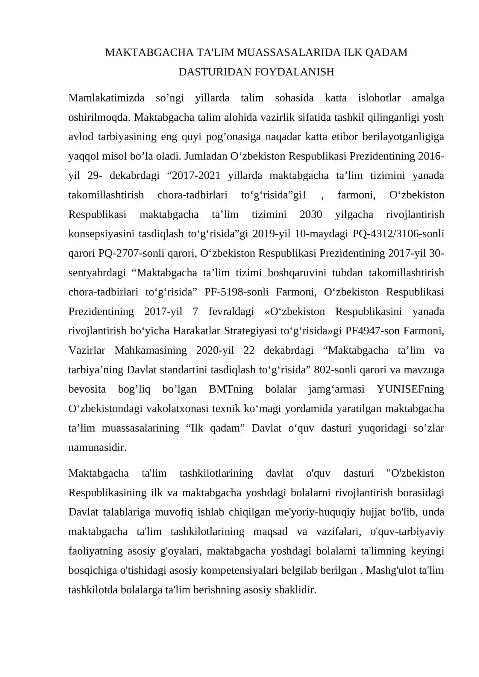 Ilk qadam dasturi maktabgacha ta’limning tayanch o’quv dasturi 2