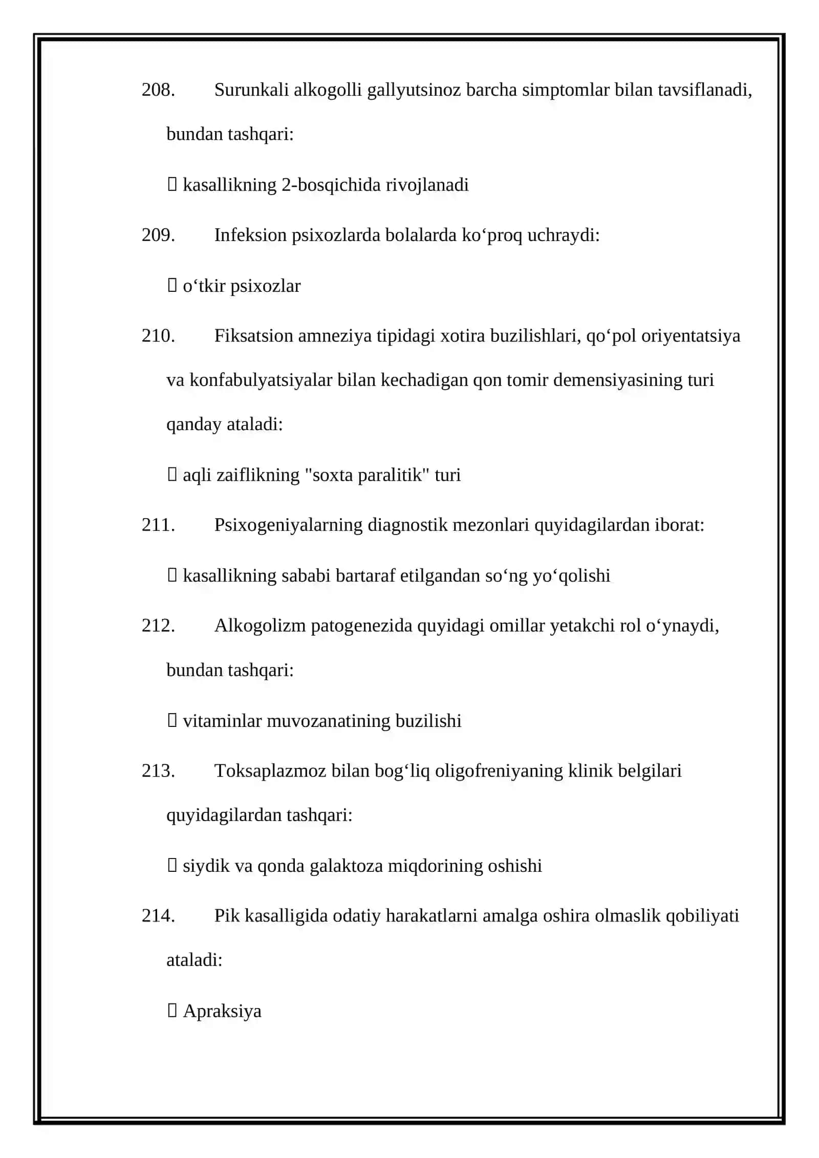 PSIXIATRIYA MUTAXASSISLIGI BOʻYICHA SHAKLLANTIRILGAN TEST SAVOLLARINING JAVOBLARI 2