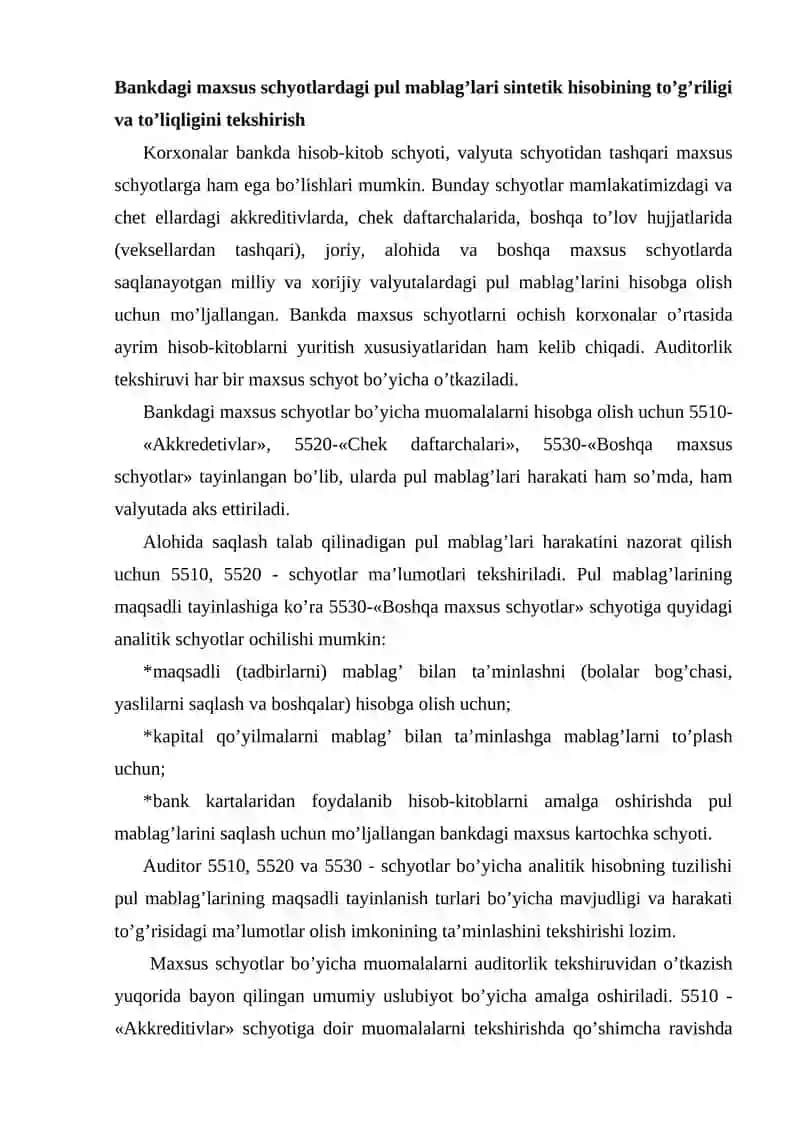 Bankning maxsus schyotlaridagi pul mablag‘larini hisobga olish 2