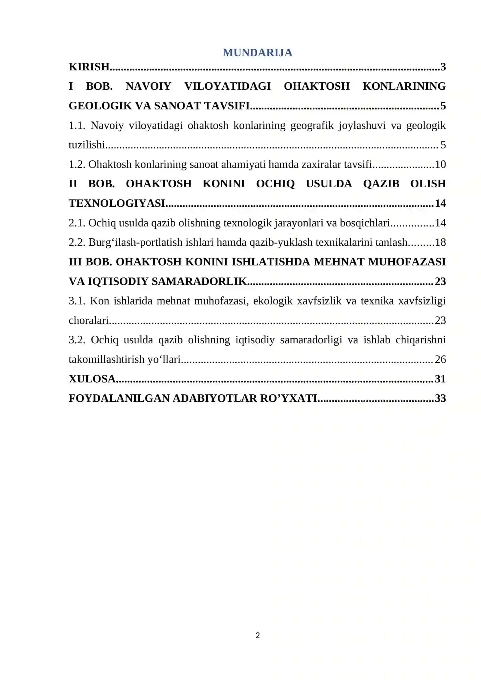 Navoiy viloyatidagi ohaktosh konini ochiq usulda qazib olish texnologiyasi 2