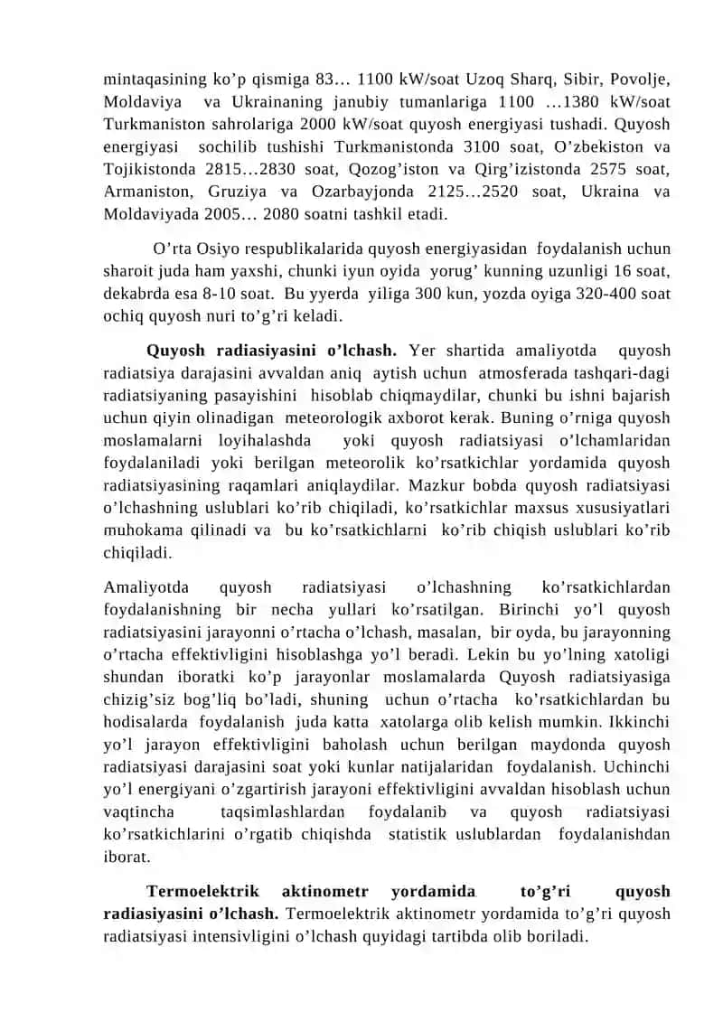 Quyosh energiyasini o'lchash usullari 2