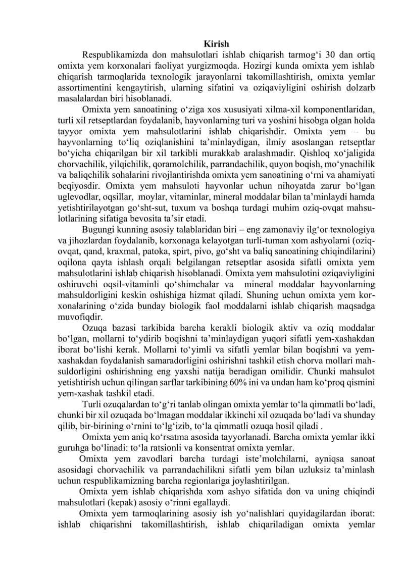 Omixta yem ishlab chiqarish uskunalari va xomashyo miqdori 2