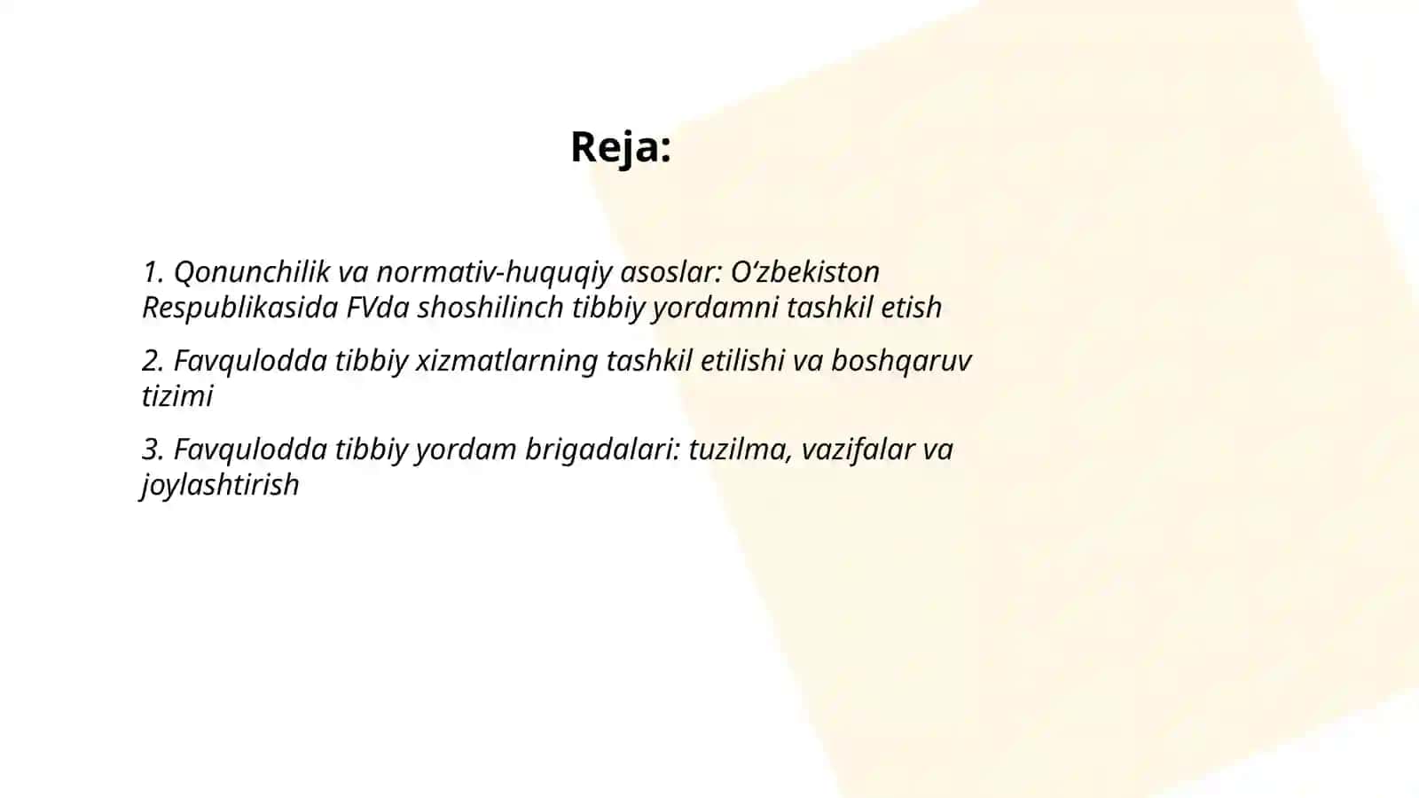Oʻzbekiston Respublikasida FVda shoshilinch tibbiy yordam koʻrsatishni tashkil etish 2