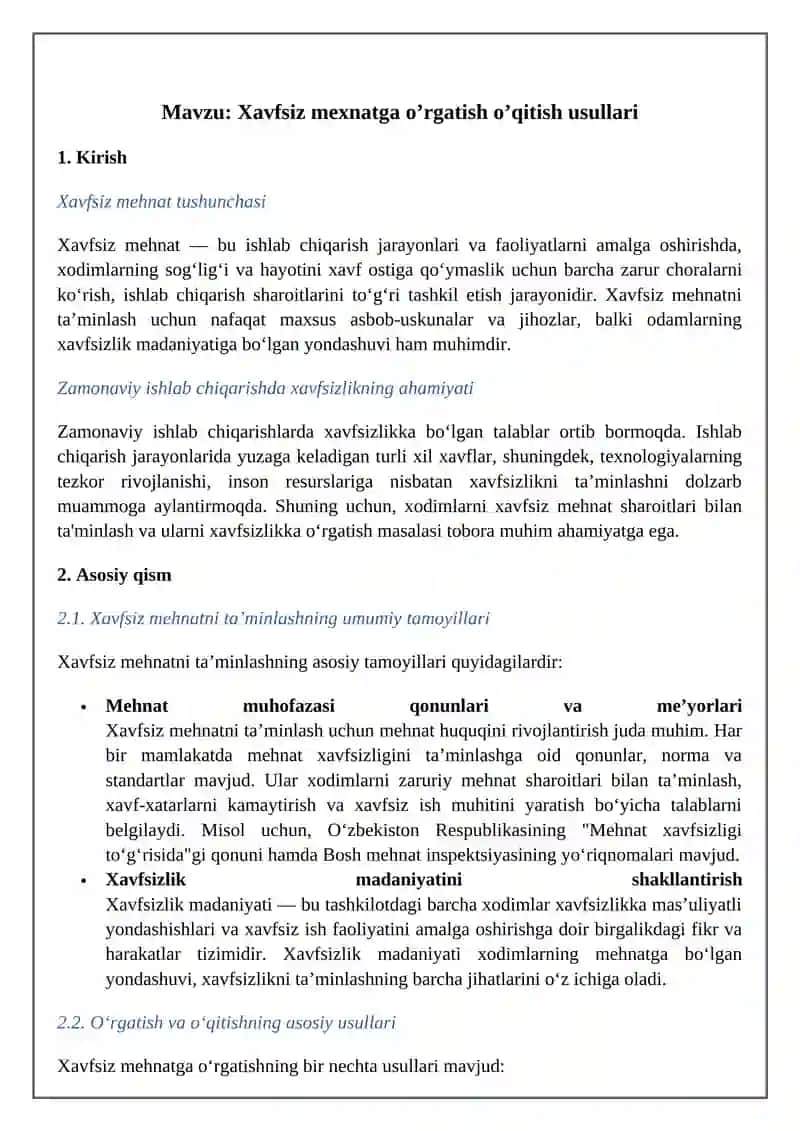 Xavfsiz Mexnatga O'rgatish O'qitish Usullari 2