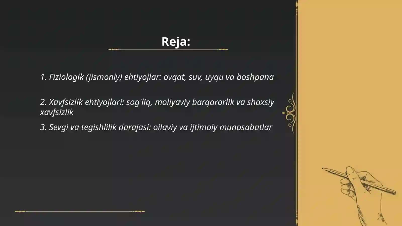 Maslow piramidasi bo’yicha inson ehtiyojlarining 5 darajasi 2
