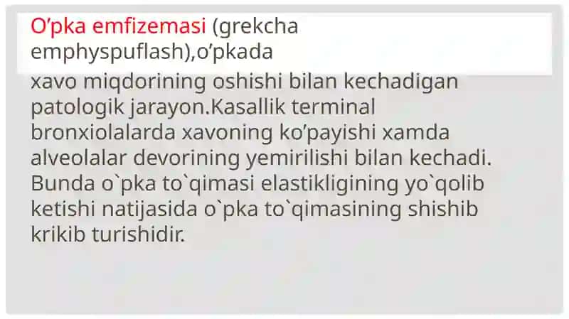 O’pkaemfizemasi etiologiyasi, klinikasi, tashxis, davolash, profilaktikasi 2