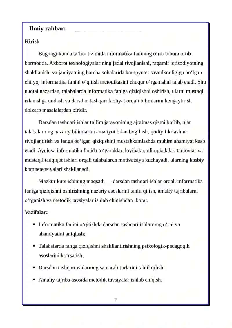 Darsdan tashqari ishlar orqali informatika faniga qiziqishni oshirish 2