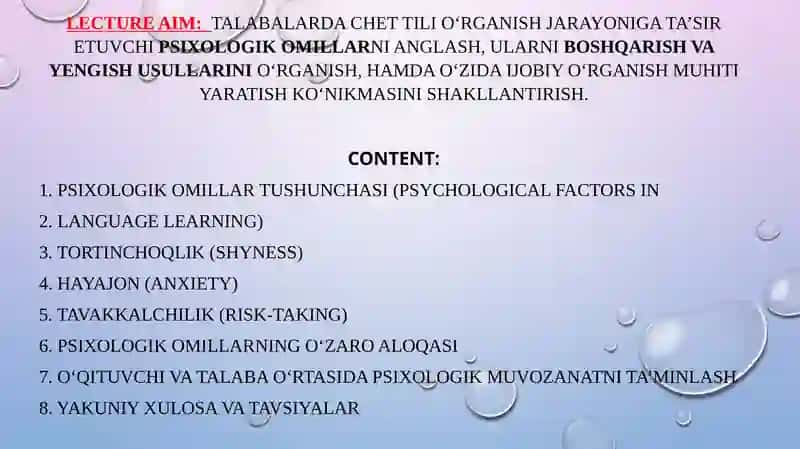 PSIXOLOGIK OMILLAR TILNI O‘RGANISHDA: UZUKLIK. XAVFYORLIK. RISK OLISH 2
