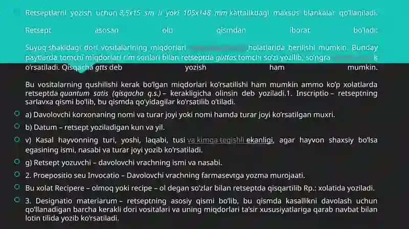 Retsept sutrukturasi.Retsept yozish qoidalari tabletka shamchalar va ko’z plyonkalarini yozishda tushum kelishigining qo’llanilishi 2