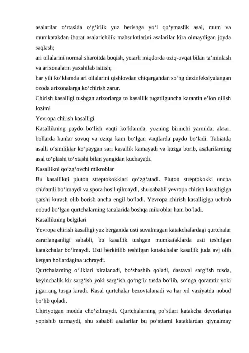 ASALARILARNING TAKSIKOZ KASALLIKLARI VA KURASH CHORALARI 2