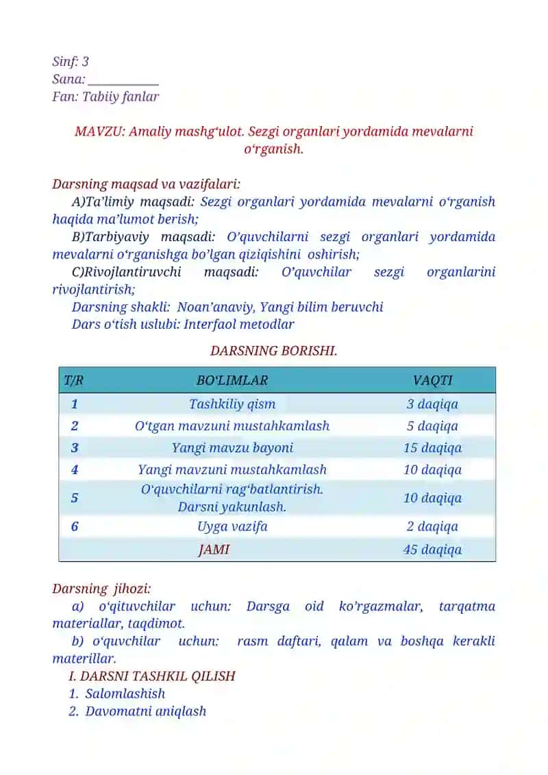 3-sinf Tabiiy fan. Amaliy mashg‘ulot. Sezgi organlari yordamida mevalarni o‘rganish 2