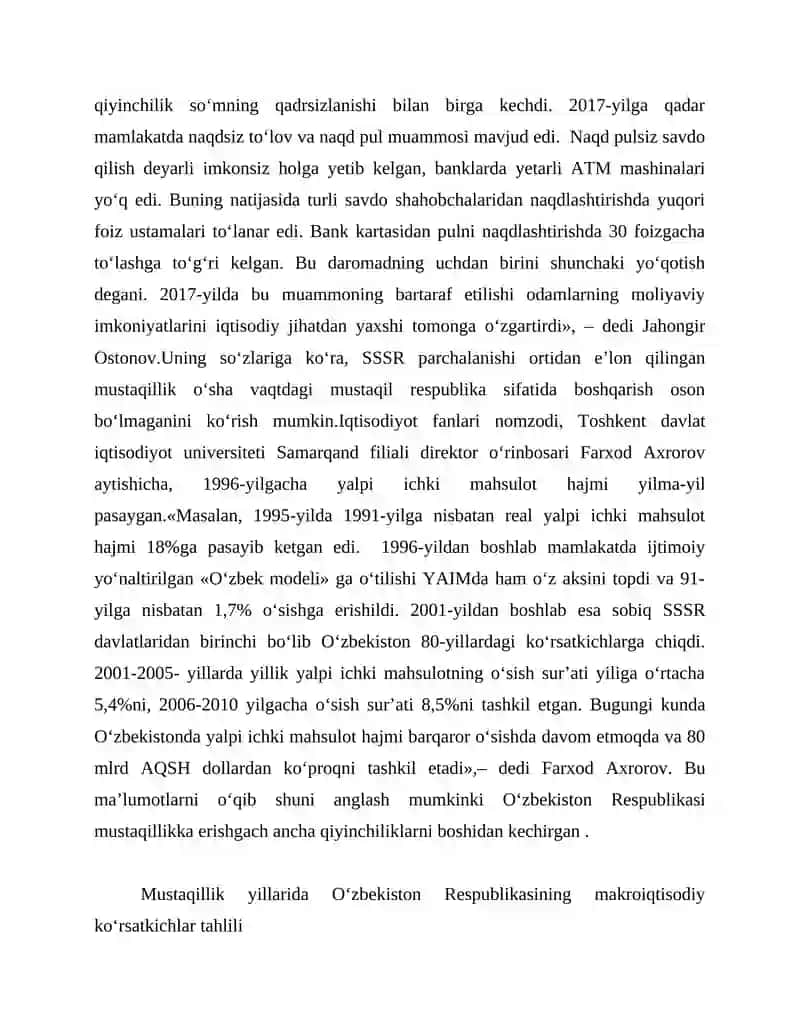 Mustaqillik yillarida Oʻzbekiston Respublikasi rivojlanishining makroiqtisodiy koʻrsatkichlar tahlili 2