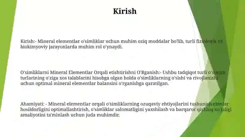 O'Simliklarni Mineral Elementlar Orqali Oziqlantirishni O'Rganish 2