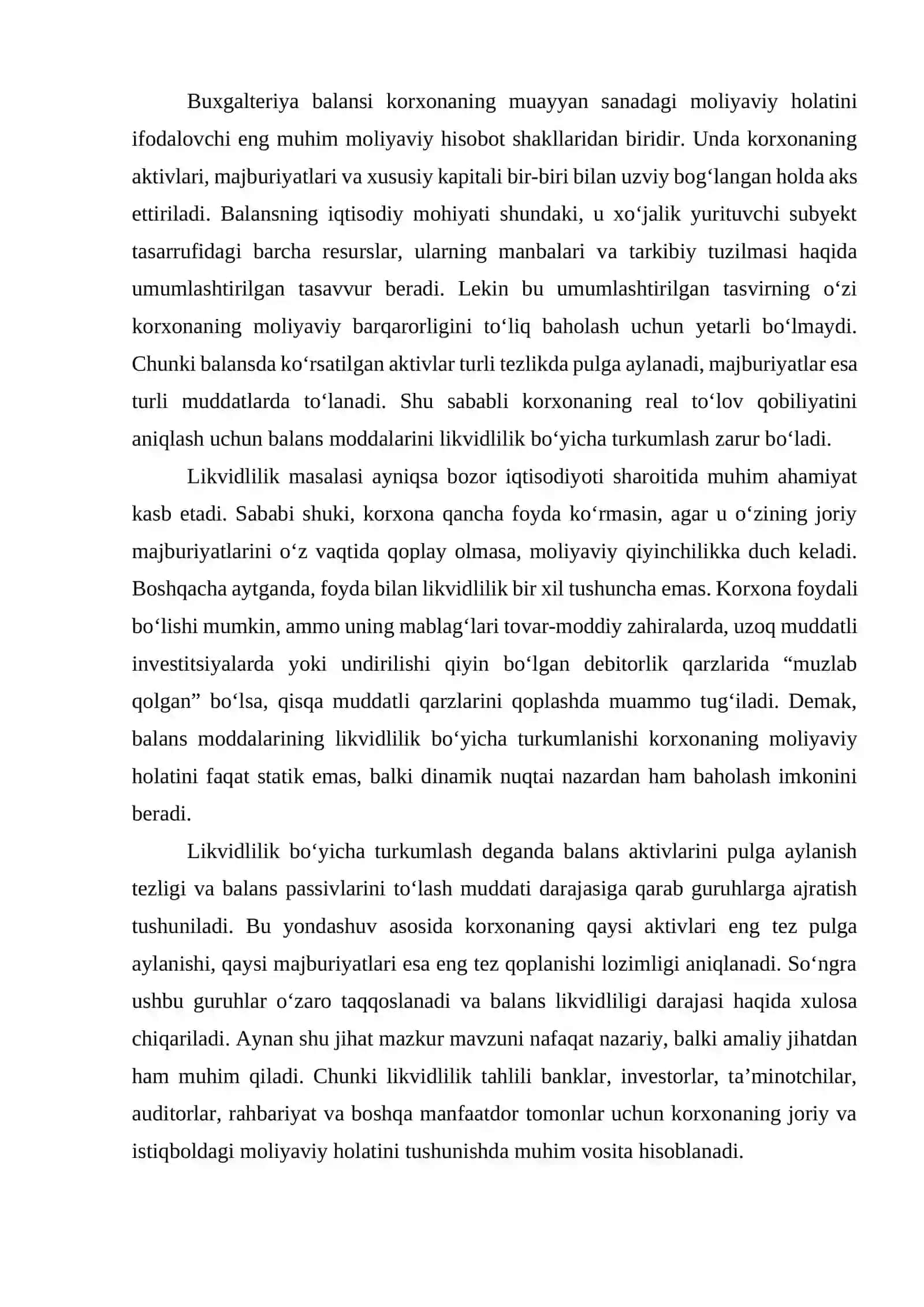 Buxgalteriya balansi moddalarining likvidlilik bo‘yicha turkumlanishi 2
