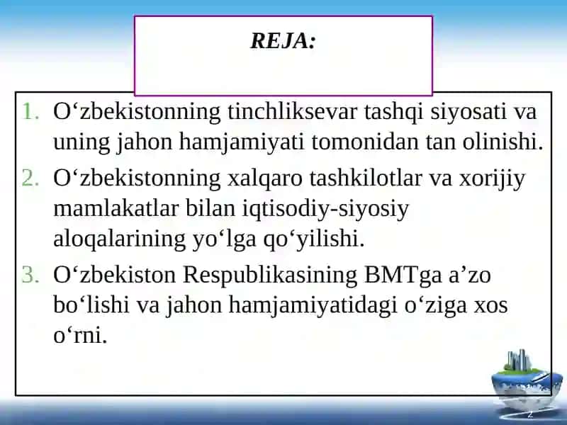 O'zbekistonning xorijiy mamlakatlar bilan ko'p tomonlama hamkorlik munosabatlari 2