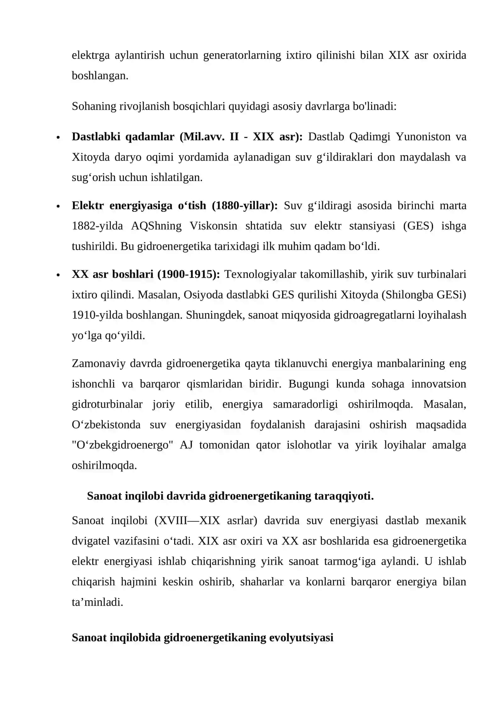 Gidroenergetikaning rivojlanish tarixi va bugungi kundagi ahamiyati 2