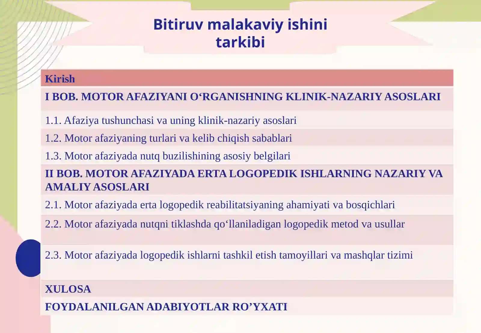 "Motor afaziyada nutqni tiklashning erta bosqichida olib boriladigan logopedik ishlar" mavzusidagi BITIRUV MALAKAVIY ISHI TAQDIMOTI 2