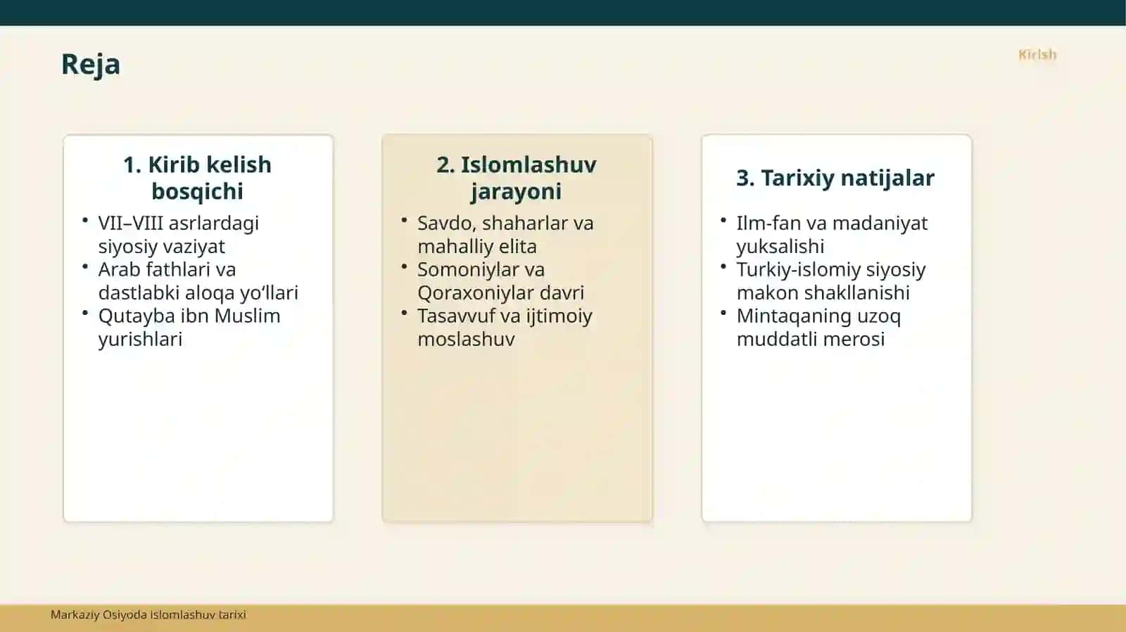 MARKAZIY OSIYOGA ISLOMNING KIRIB KELISHI, ISLOMLASHUV JARAYONLARI 2