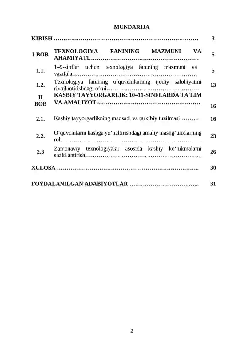 1-9-Sinflarda Texnologiya Fani Mazmuni va 10-11 Sinflarda Kasbiy Tayyorgarlik Kurs Ishi 2