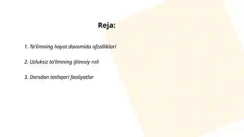 Uzliksiz ta'lim tendensiyalari va zamonaviy yondashuvlar fanidan taqdimoti 2