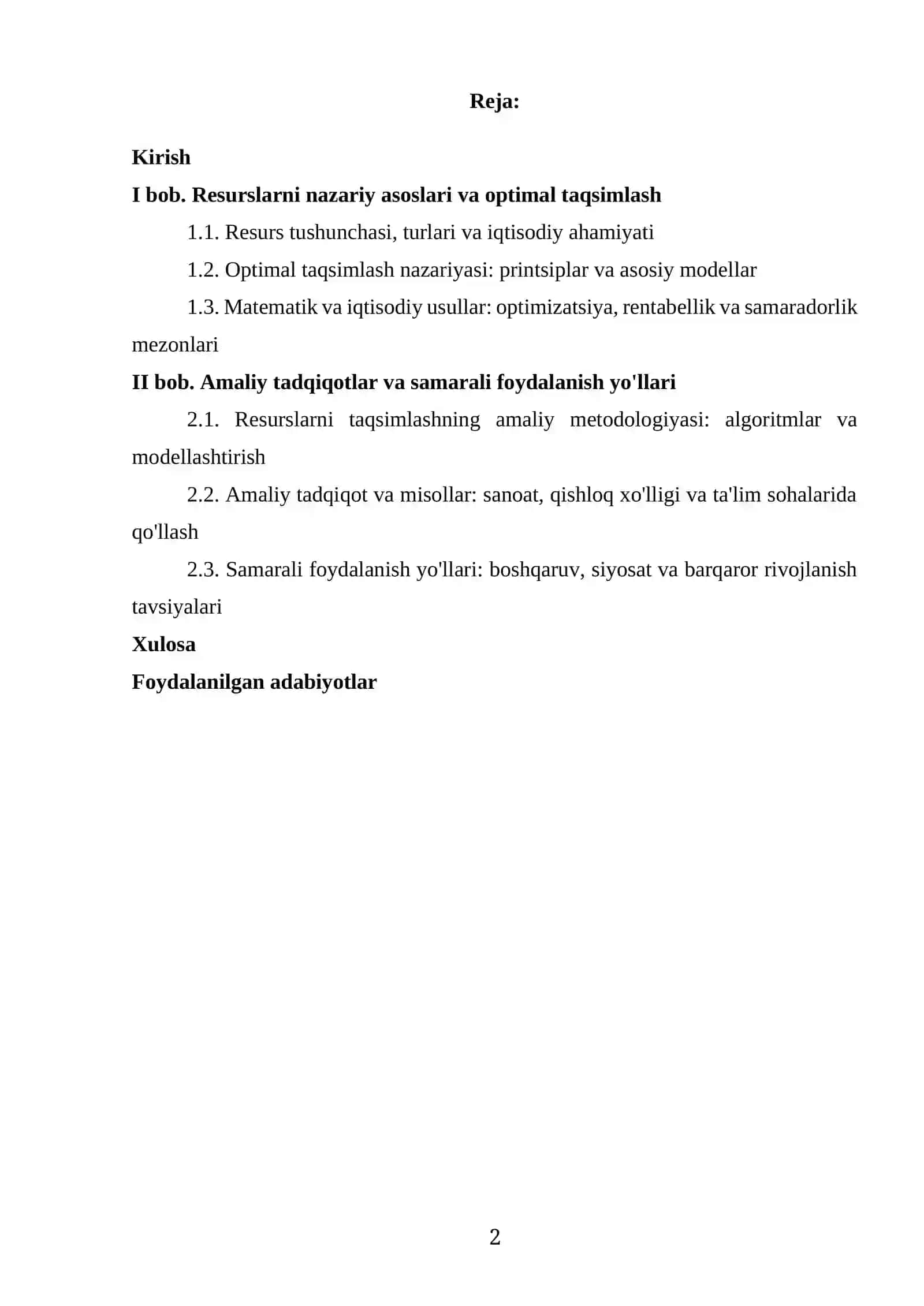 "RESURTLARNI OPTIMAL TAQSIMLASH VA ULARDA SAMARI FOYDALANISH YO'LLARI" MAVZUSIDAGI KURS ISHI 2