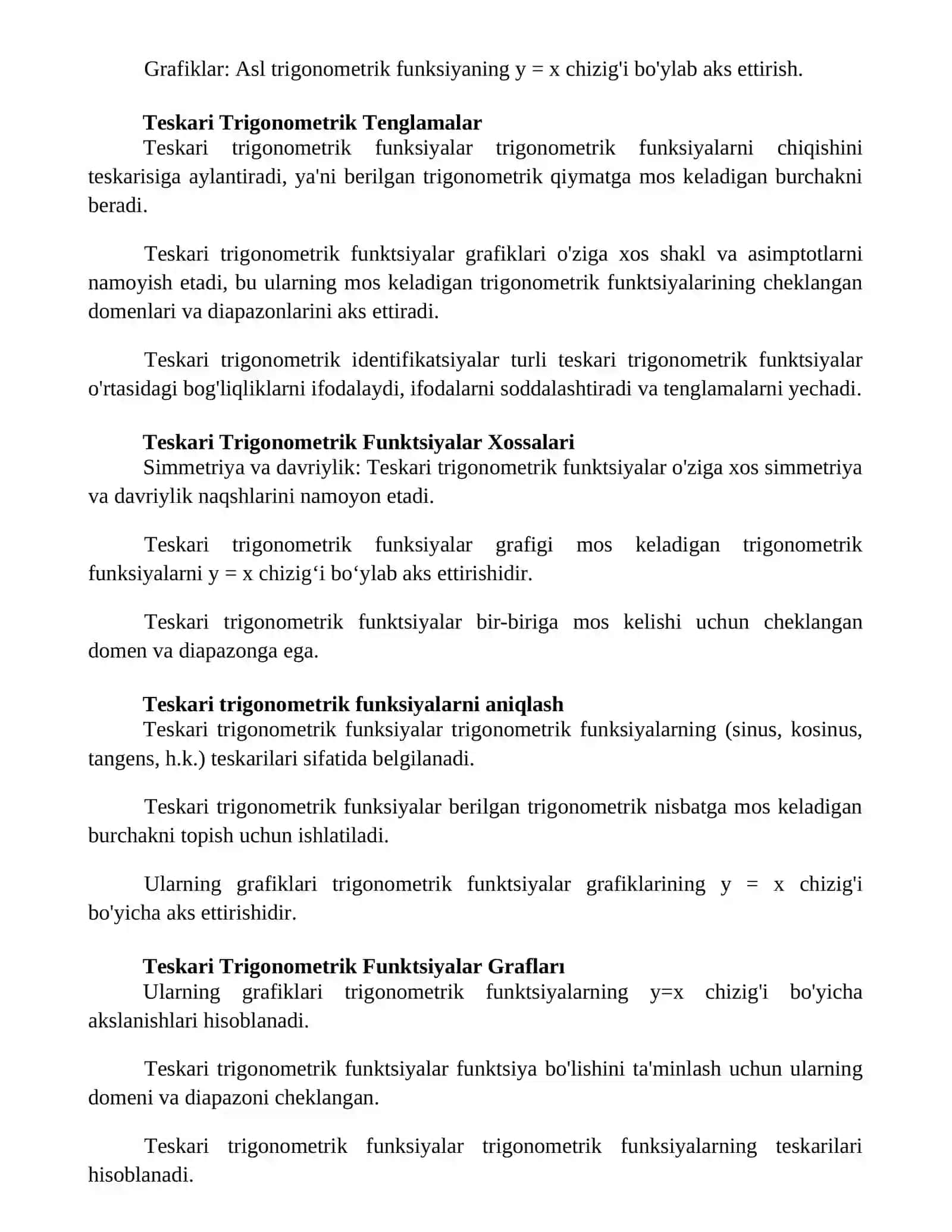 Teskari trigonometrik funksiyalar va ularning grafiklari 2